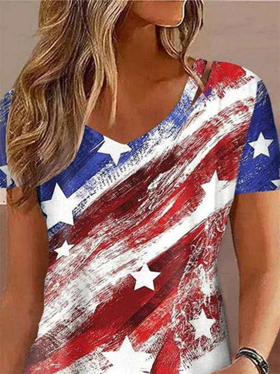 Women's Graphic Printed Hollow Short Sleeve V-neck Top