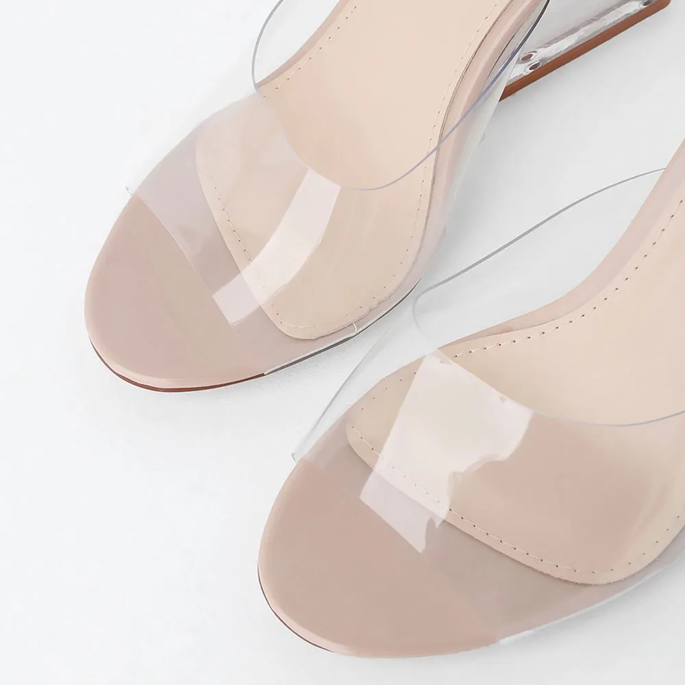 Fashion Nude Round Toe Wedge Heel Slip On Clear Mules for Women