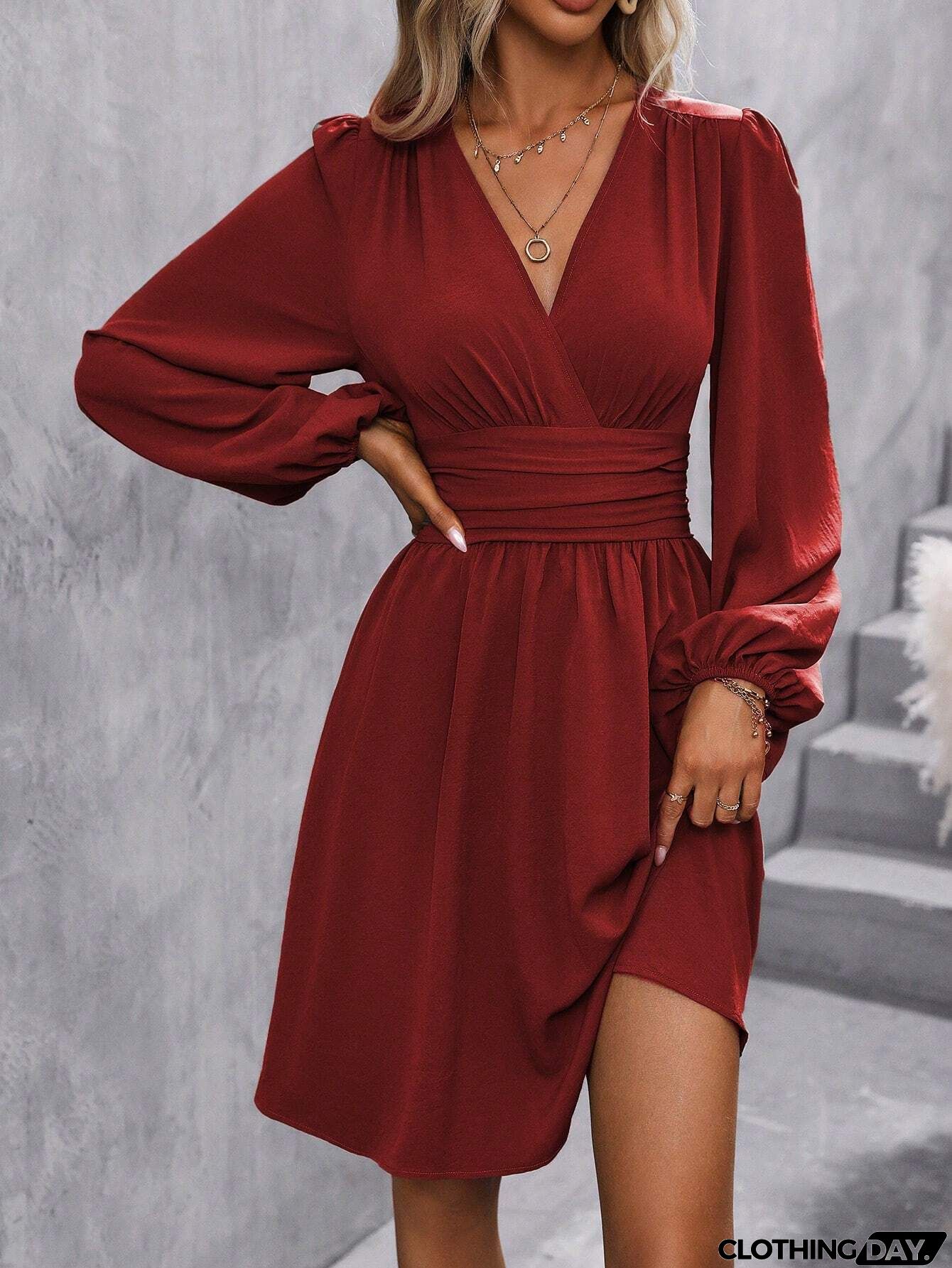 V Neck Puff Sleeve Slit Hem Mini Dress