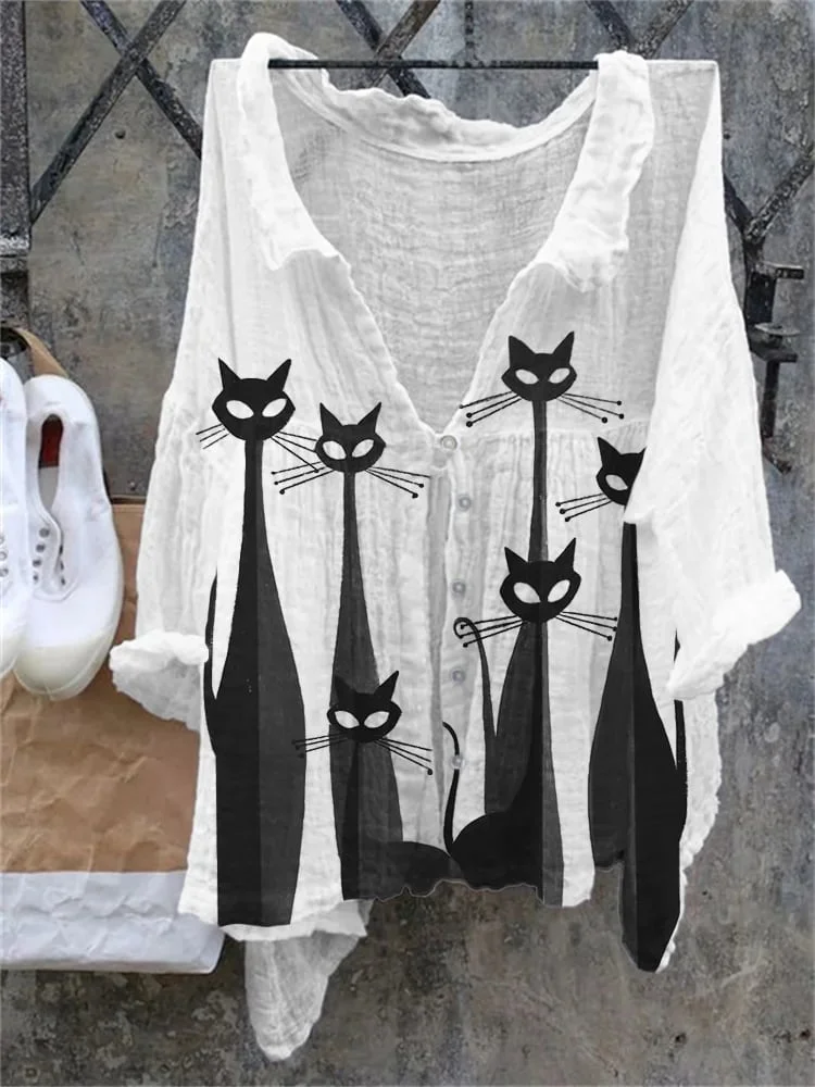 Women's Art Cat Print Casual Cotton Linen Shirt