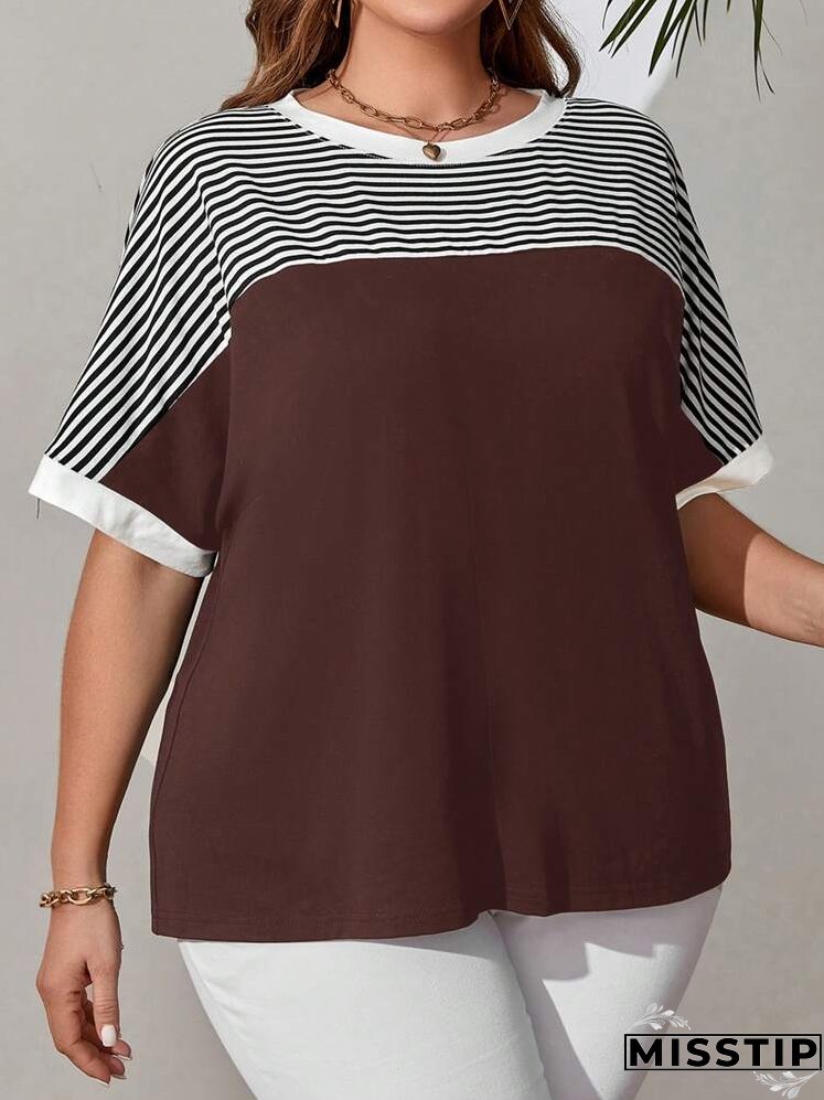 Plus Size Women's Striped Pattern Batwing Sleeve T-Shirt For Spring