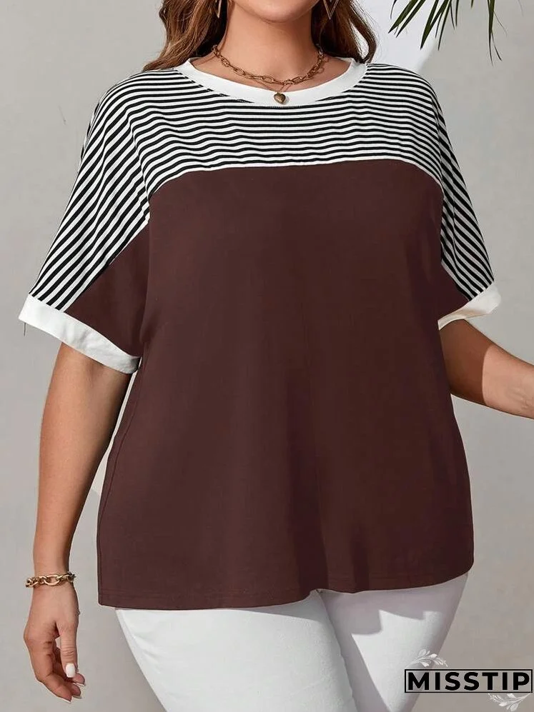 Plus Size Women's Striped Pattern Batwing Sleeve T-Shirt For Spring