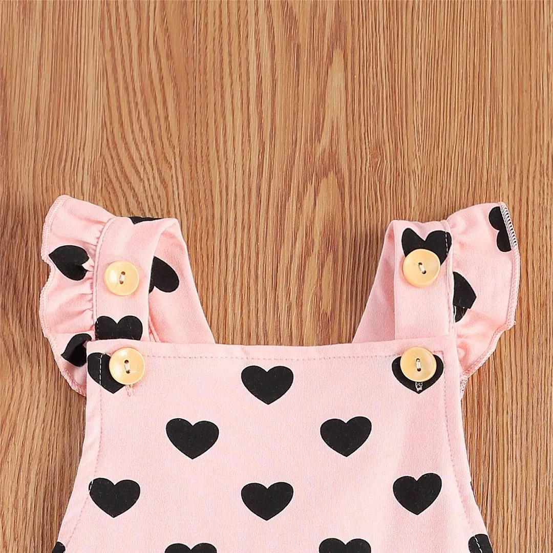 Newborn Casual Style Romper, Baby Girls Sleeveless Hearts Pattern Button Down Jumpsuit with Pocket (Pink)