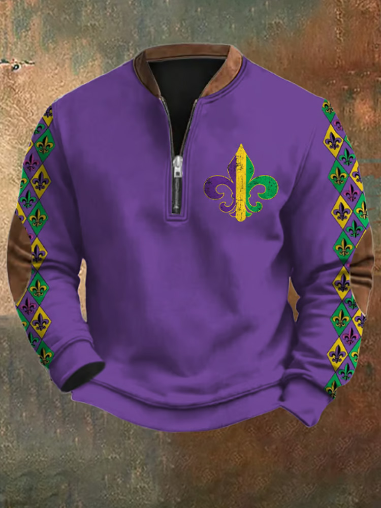 Comstylish Men's Retro Mardi Gras Print Zipper Sweatshirt