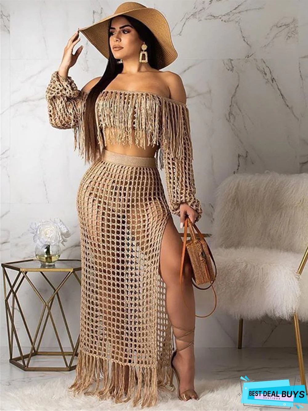 Women's Casual Mesh Fringed Beach Skirt 2-Piece Set