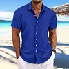 Camicia da uomo a maniche corte jacquard rigata in cotone e lino con revers
