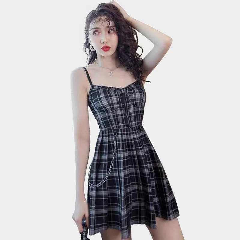 Grunge Spaghetti Strap Plaid Mini Dress