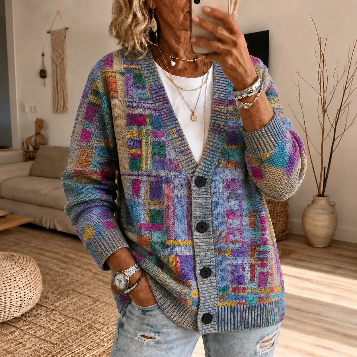 Comstylish Women's Retro Geometric Print Cozy Knit Cardigan