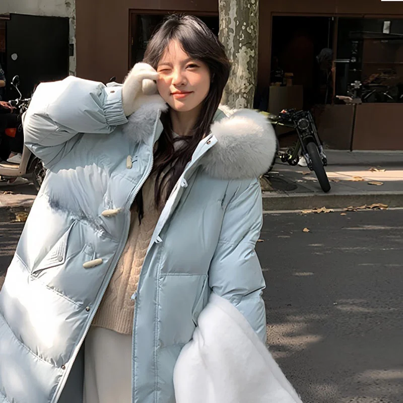 Toloer Pinghu Down Jacket Female Winter 2024 New Advanced Sense Sweet White Duck Velvet Ox Horn Buckle Thick Warm Long Coat-Outfit Ideas