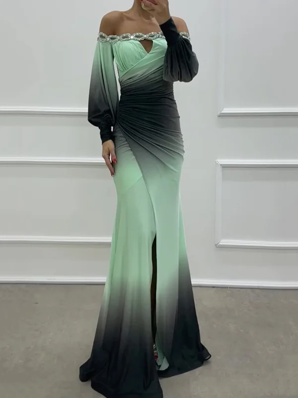 gradient Color Split-Side long Sleeved one-shulder Elegnat mermaid Maxi Dresses