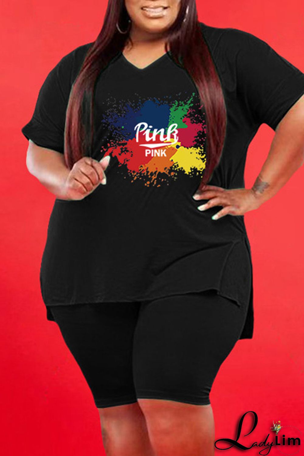 Red Casual Print V Neck Plus Size Two Pieces