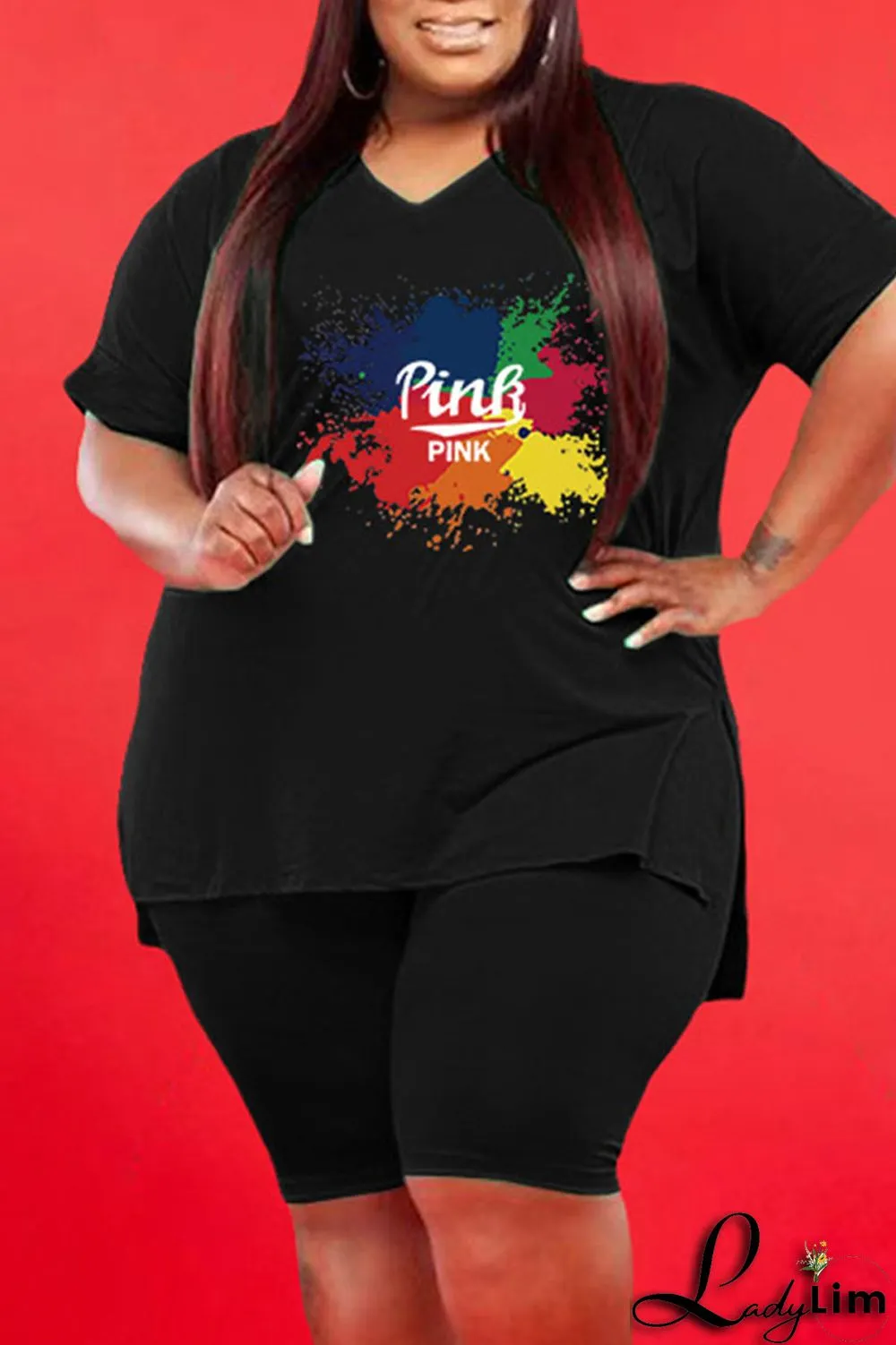 Red Casual Print V Neck Plus Size Two Pieces