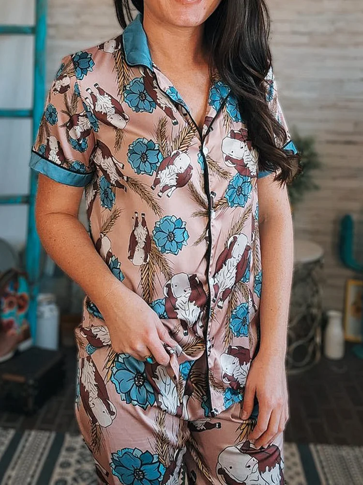 Casual Cow&Blue Flower Print Pajama Set