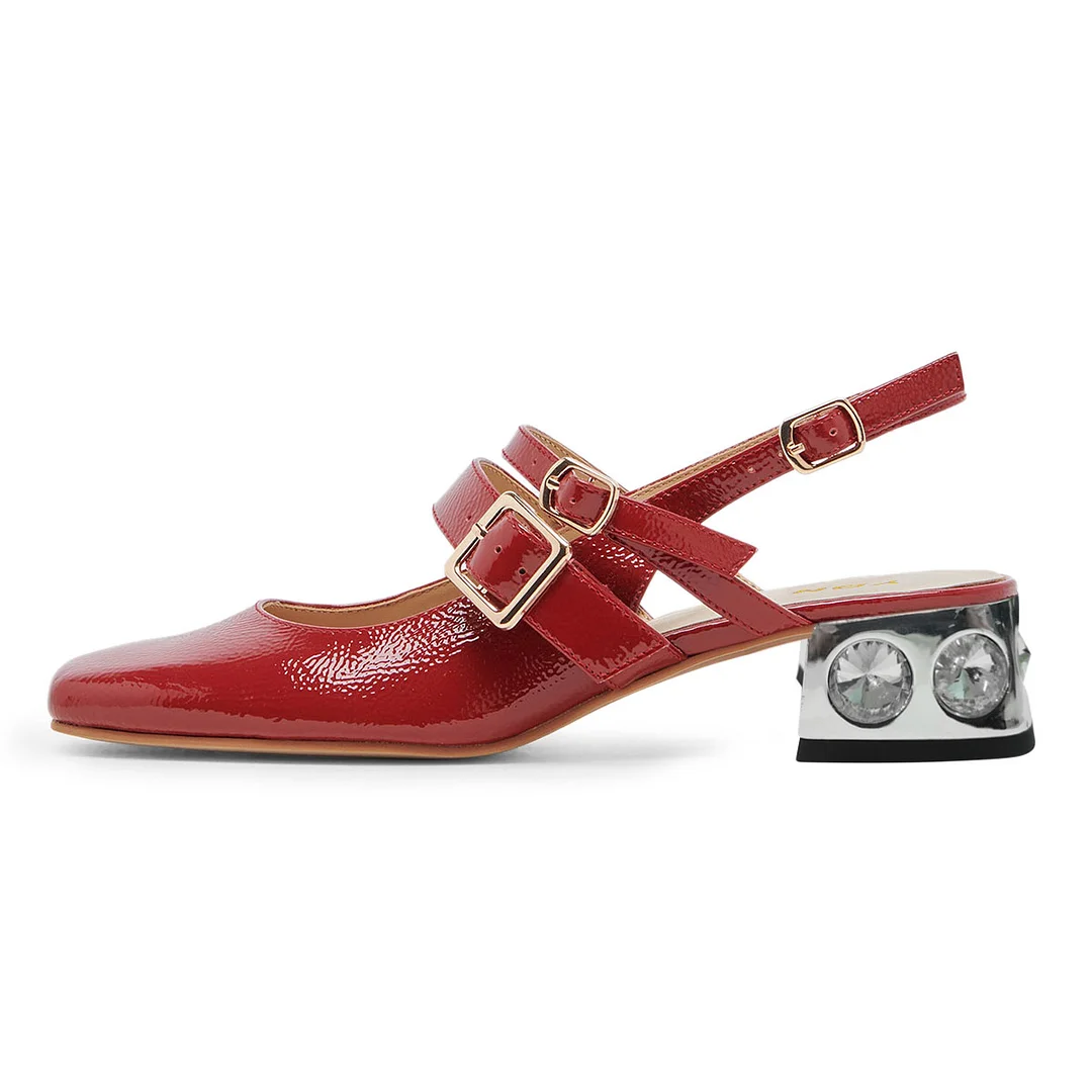 Red Patent Leather Square Toe Slingback Decorative Heel Loafers 