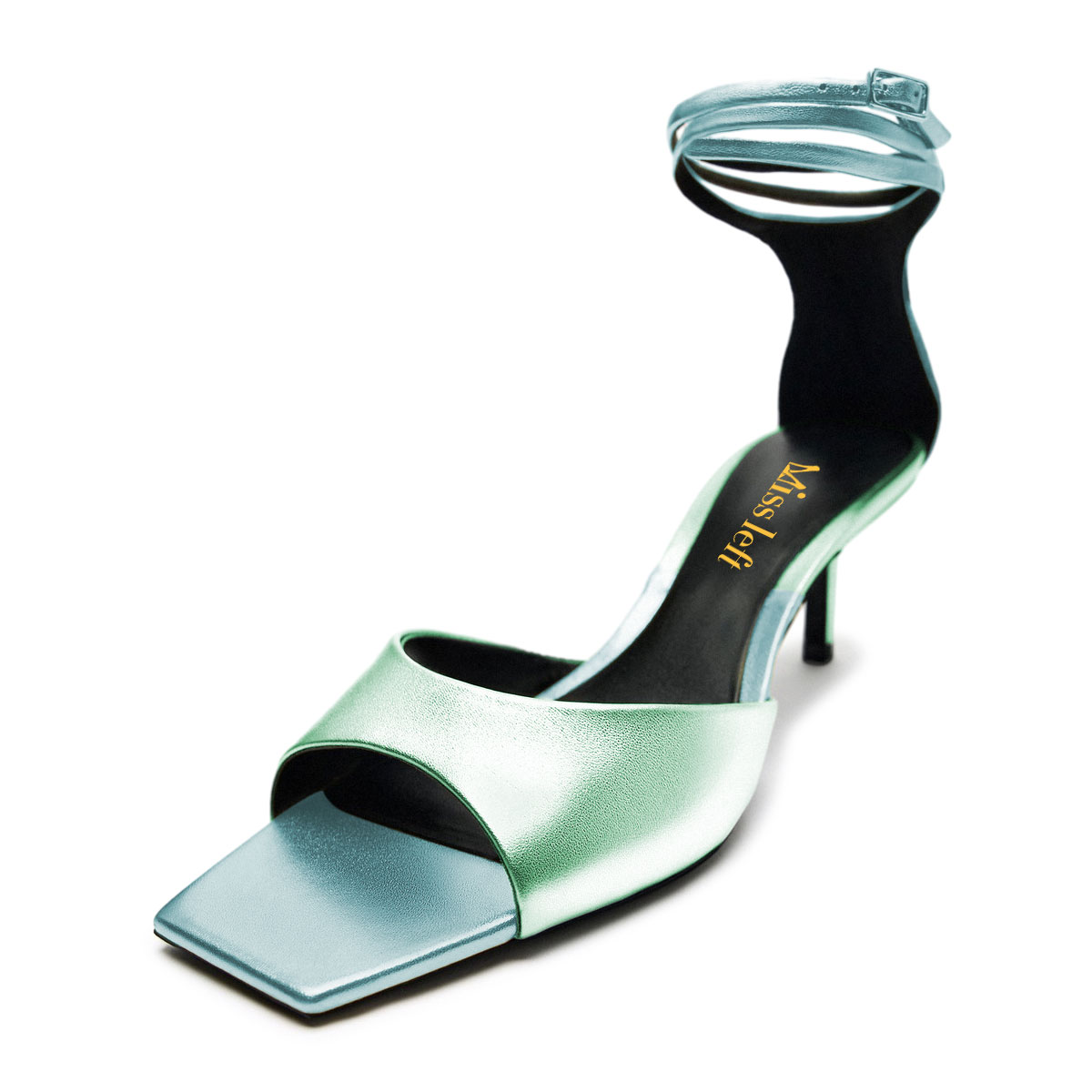 Metallic Square Toe Kitten Heel Strap Women's Sandals in Green & Blue Nicepairs