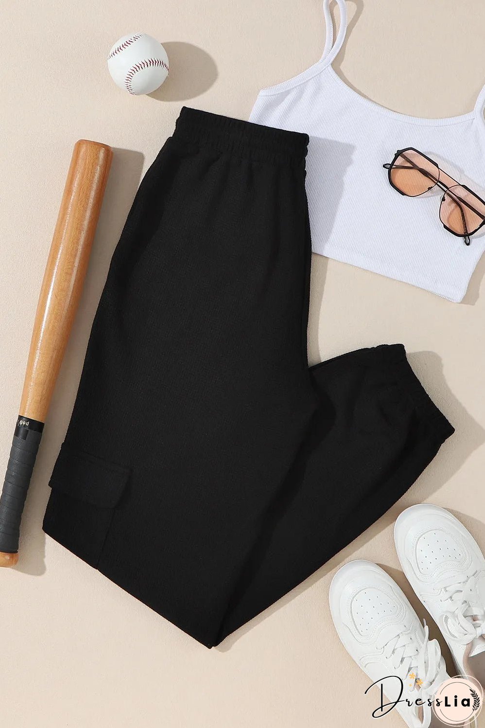 Black Waffle Texture Cargo Pocket Jogger Pants