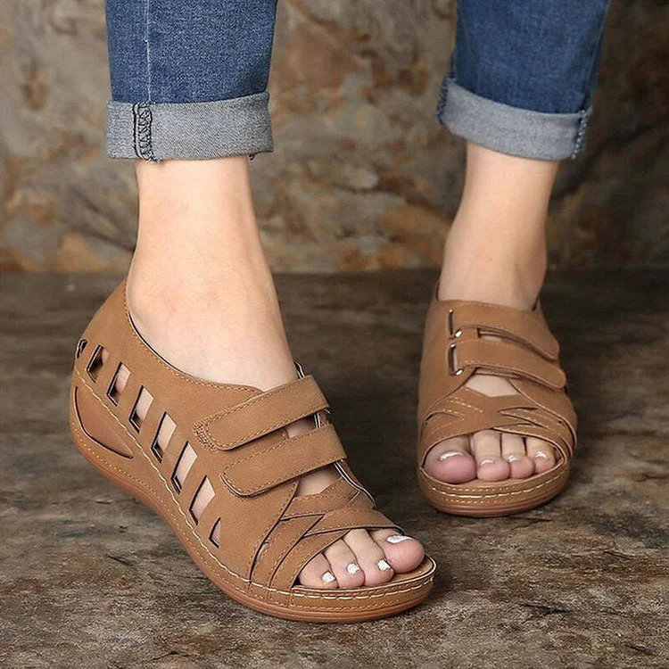 Summer Retro Hollow Peep Toe Velcro Wedge Sandals  Stunahome.com