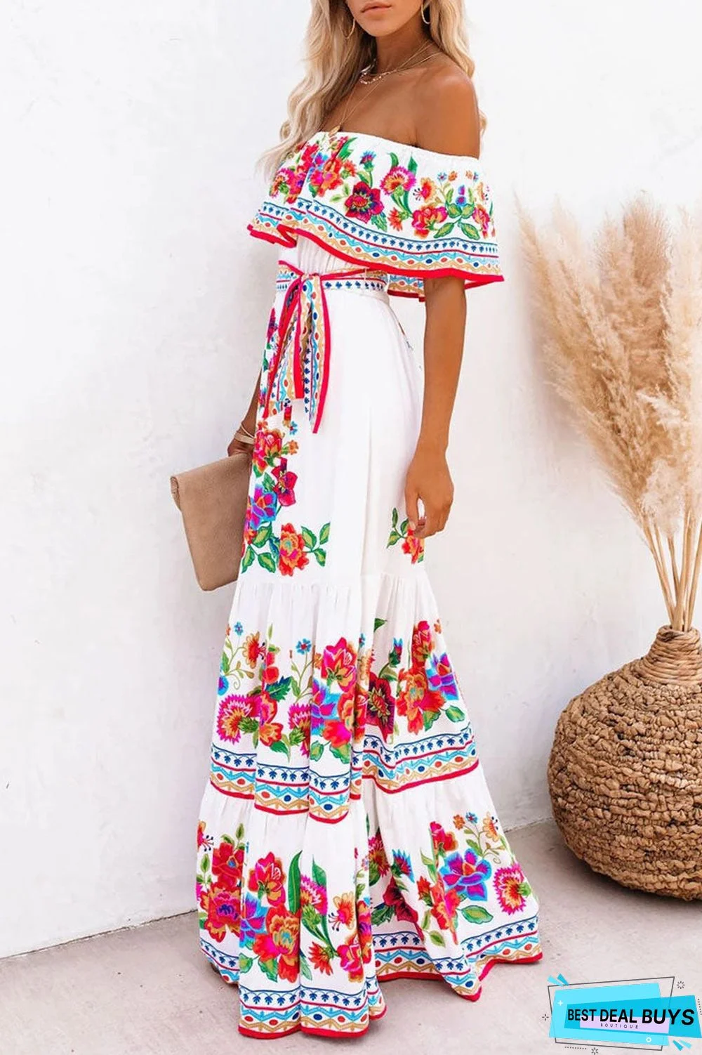 Fashion Street Print Off the Shoulder A Line Dresses(6 Colors)