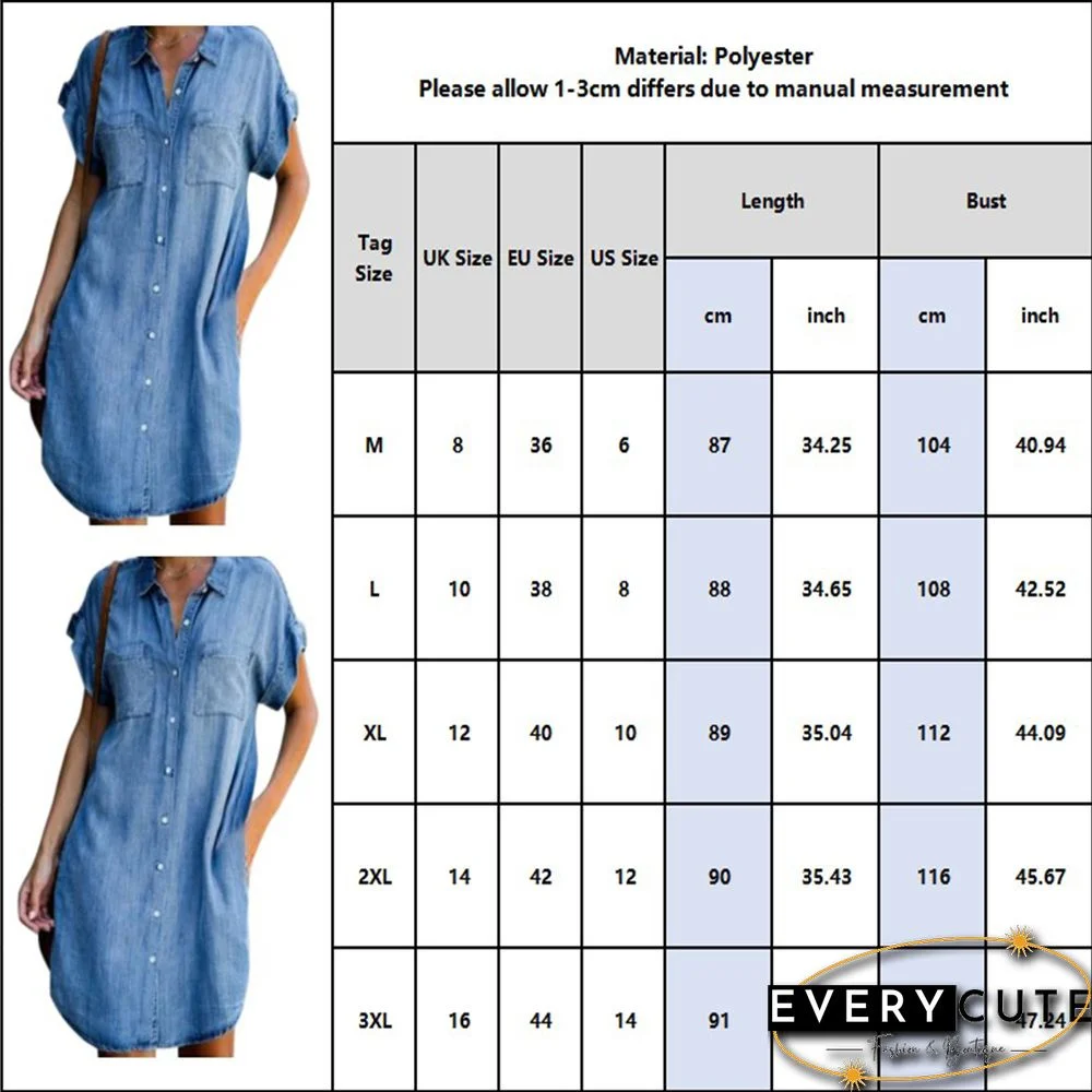 Button Down Casual Tunic Top Women's Above Knee Blouse Dress Women Denim Shirt Dresses Half Sleeve Distressed Jean Dress