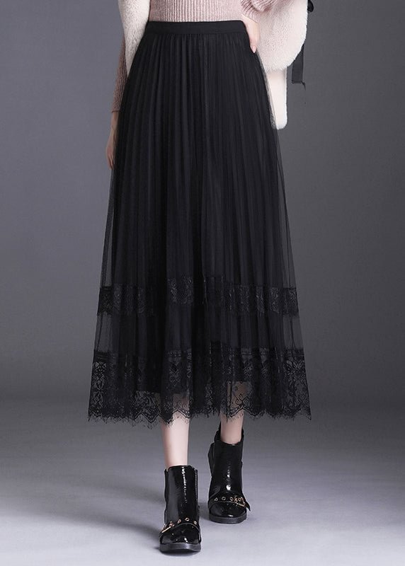 French Black Lace Patchwork Pleated Wear on both sides Fall Skirt CK1835- Fabulory