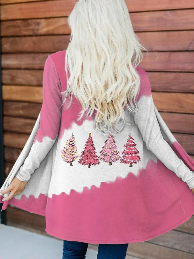 Women's Pink Christmas Tree Print Casual Cardigan