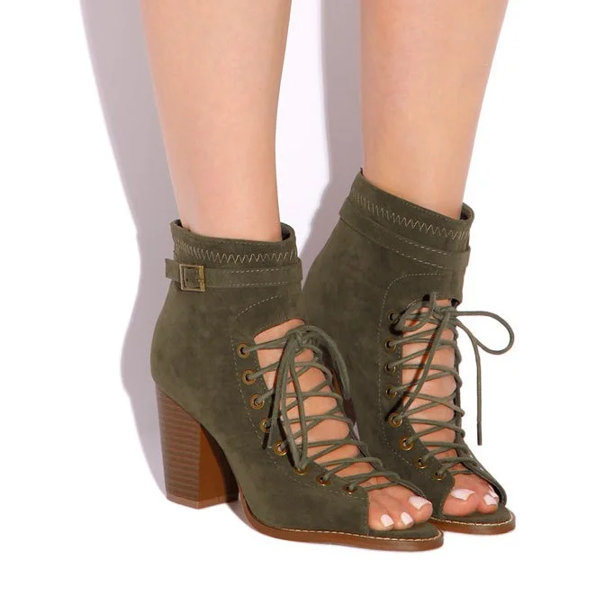 Olive Lace Up Boots Vegan Suede Peep Toe Block Heel Booties for