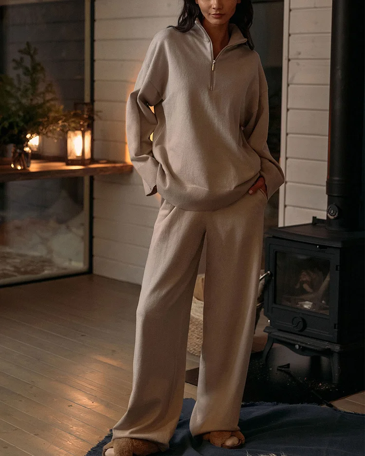 Casual Zipper Knitted Sweatshirt And PantsTwo-Piece Set