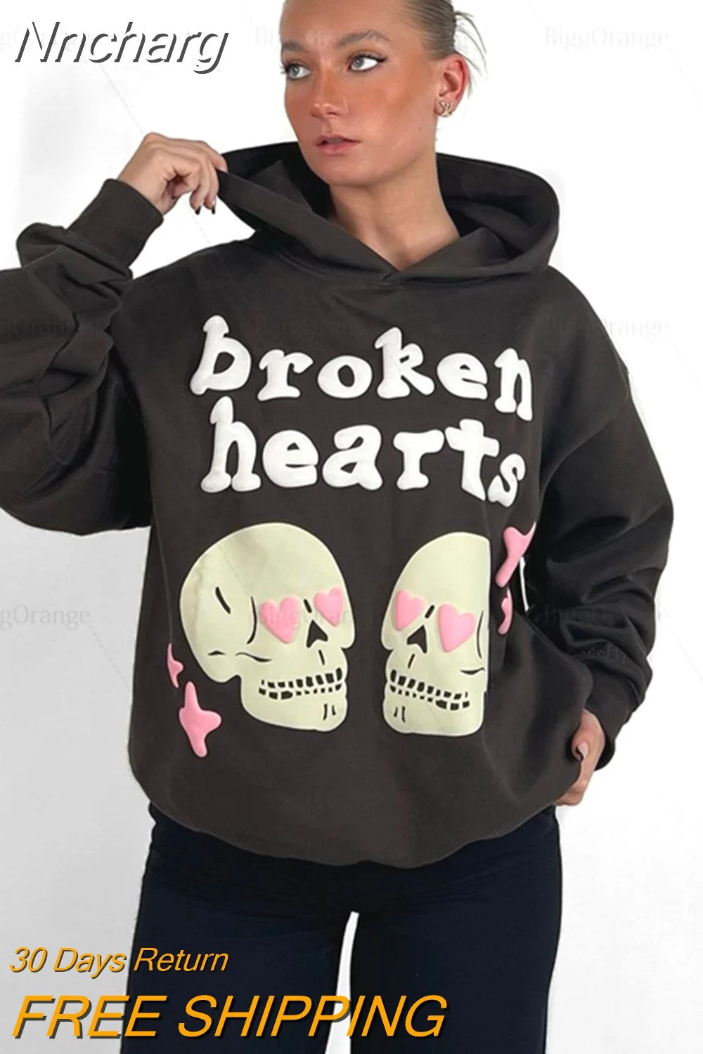 Nncharge skull puff print Hoodies Women Couples Y2k Tops Sweatshirt Women Goth Streetwear 2023 Grunge Clothing Oversized Hoodie