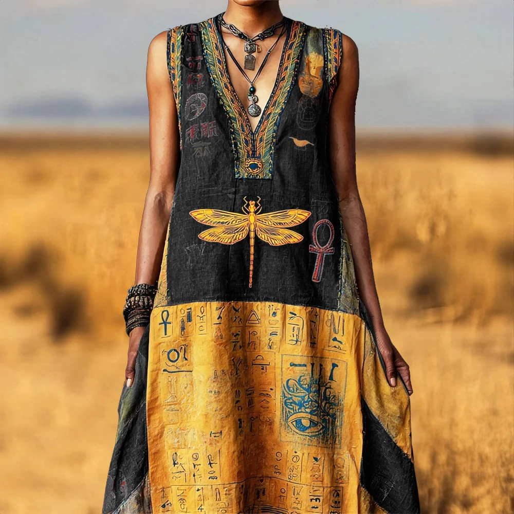 Vintage Egyptian Dragonfly Embroidery Women's Linen V-neck Vest Maxi Dress