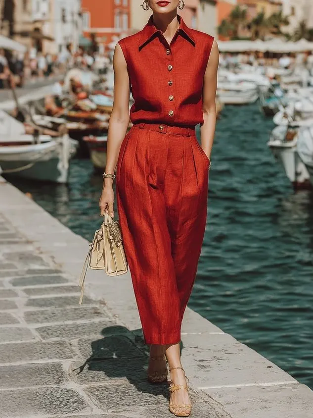 Red POLO collar sleeveless shirt, women's summer new style pants two-piece set