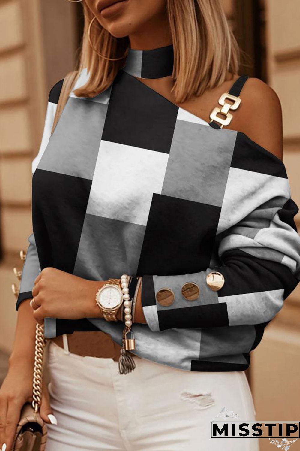 Black White Casual Print Hollowed Out Patchwork Turtleneck Tops