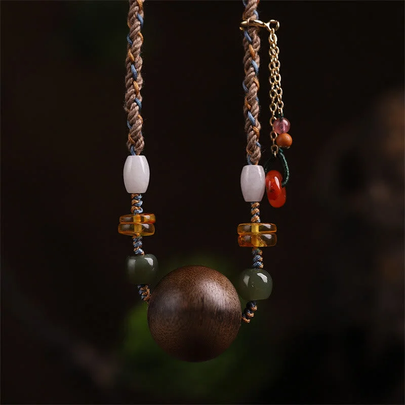 Bai Qinan Agarwood Bead Luck Strength String Necklace Pendant