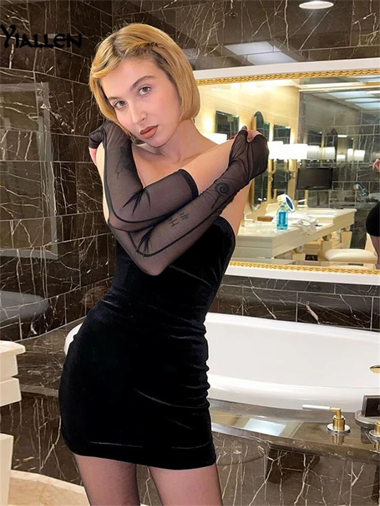 Yiallen Strapless Black Velvet Bodycon Dress With Fishnet Mesh Long Sleeve Backless Night Club Party Mini Dresses Ladies Robe