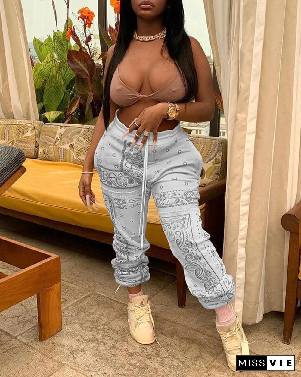 Paisley Print Drawstring Ruched Pants P13843