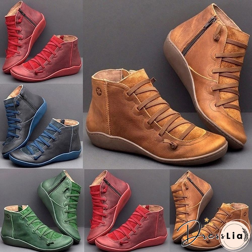 Womens Medieval Vintage Leather Boots Braided strap flat heel all season waterproof slip