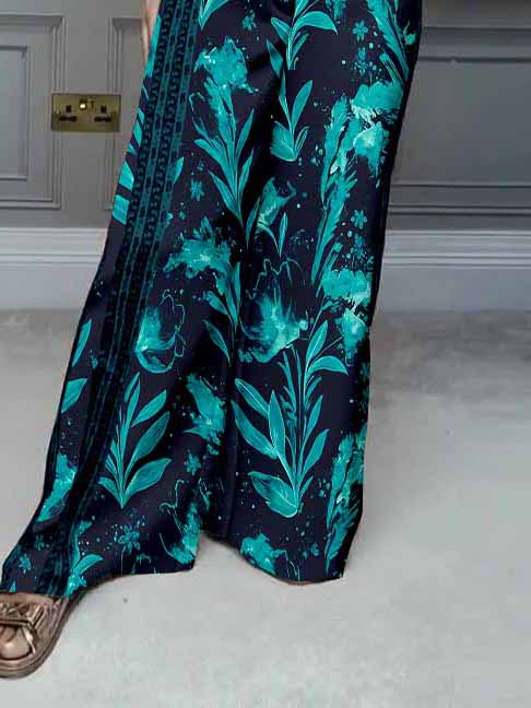 Women Plant, Fluorescent Green, Blue DZDL1125 V-neck Short Sleeve Blouse and Pants Set