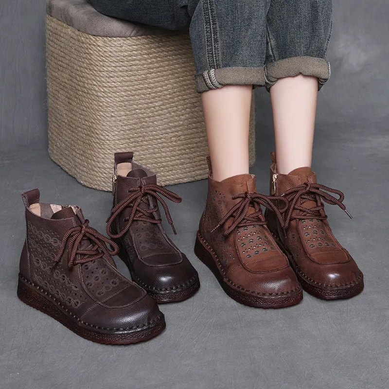 Yyvonne Layer Of Cowhair Retro Hollow High Help Cool Boots Women's Shoes 2025 New Comfortable Flat Bottoms