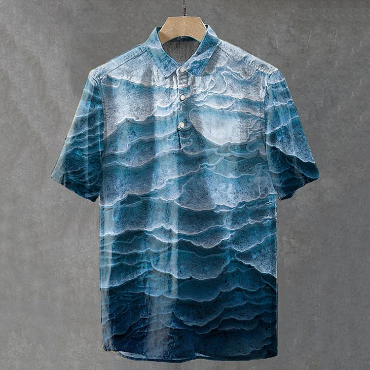 Men's Vintage Waves Art Print Casual Short Sleeve Polo Shirt