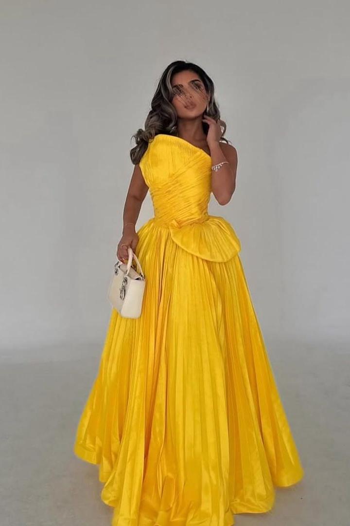 Oknass One Shoulder Sleeveless A Line Long Prom Dress With Ruffles 