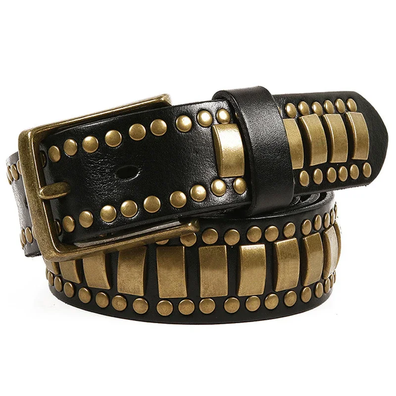 Western Style Punk Rock Belts Geometry Pattern for Men for Women Rivet Studded Belts First Layer of Cowskin Hip Pop Decorative Belts