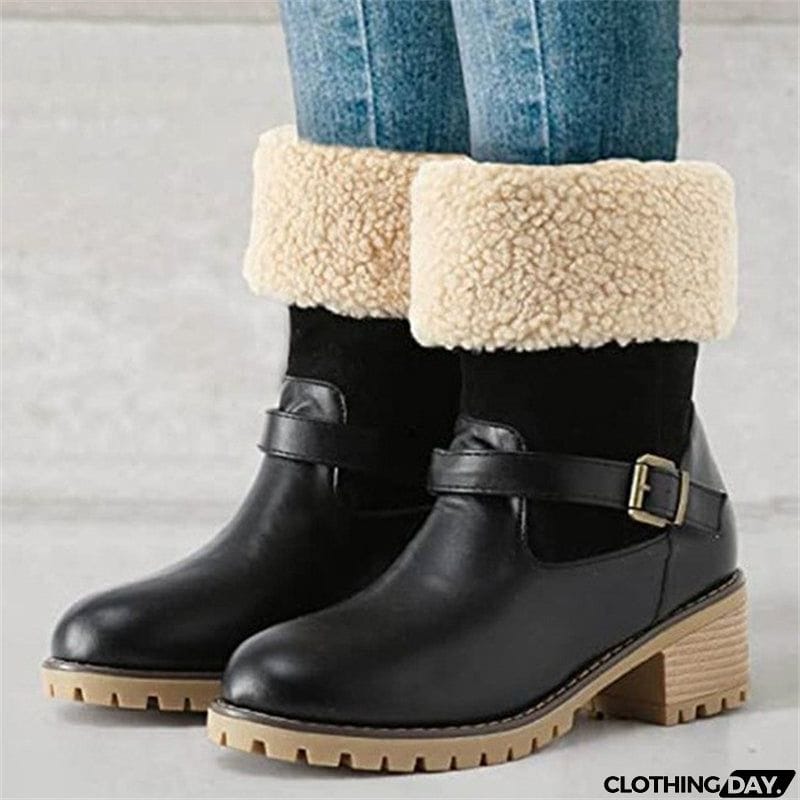 Women's Fashion Warm Short Plush Lined Block Heel Belt Buckle Ankle Boots