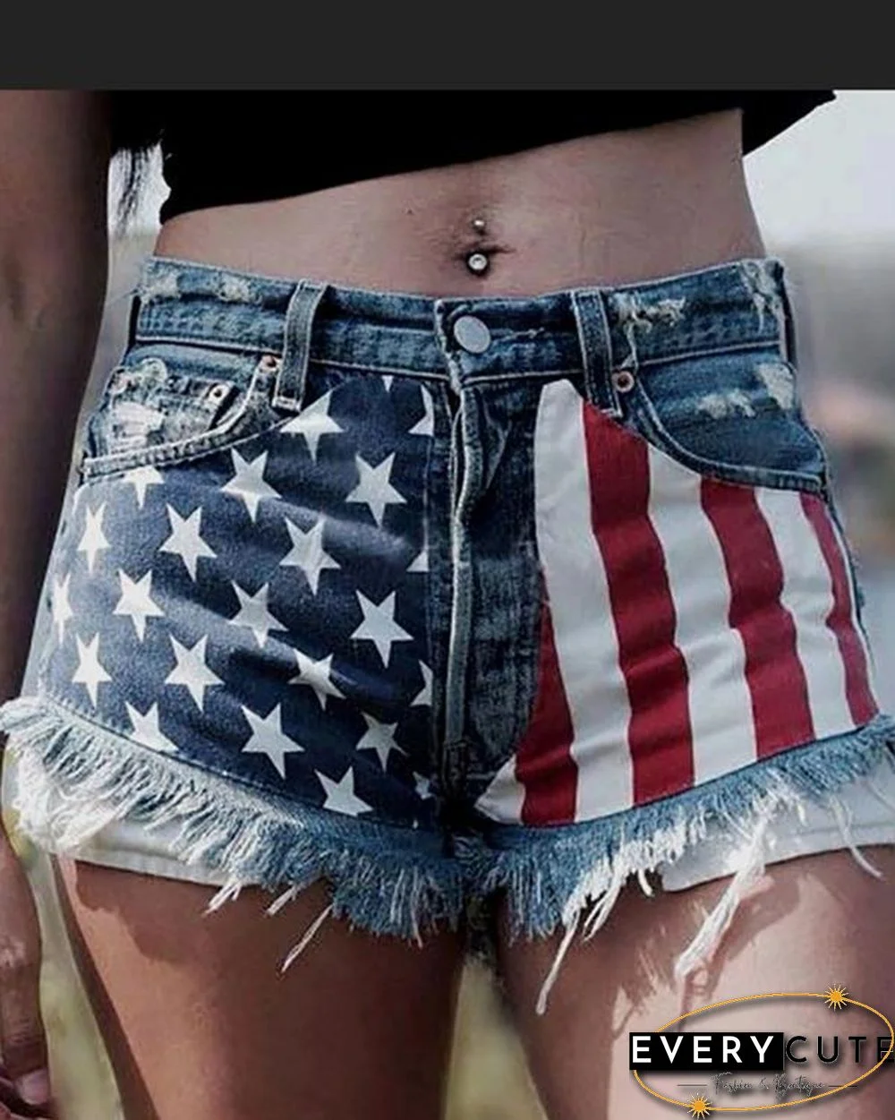 Flag Printed Denim Shorts