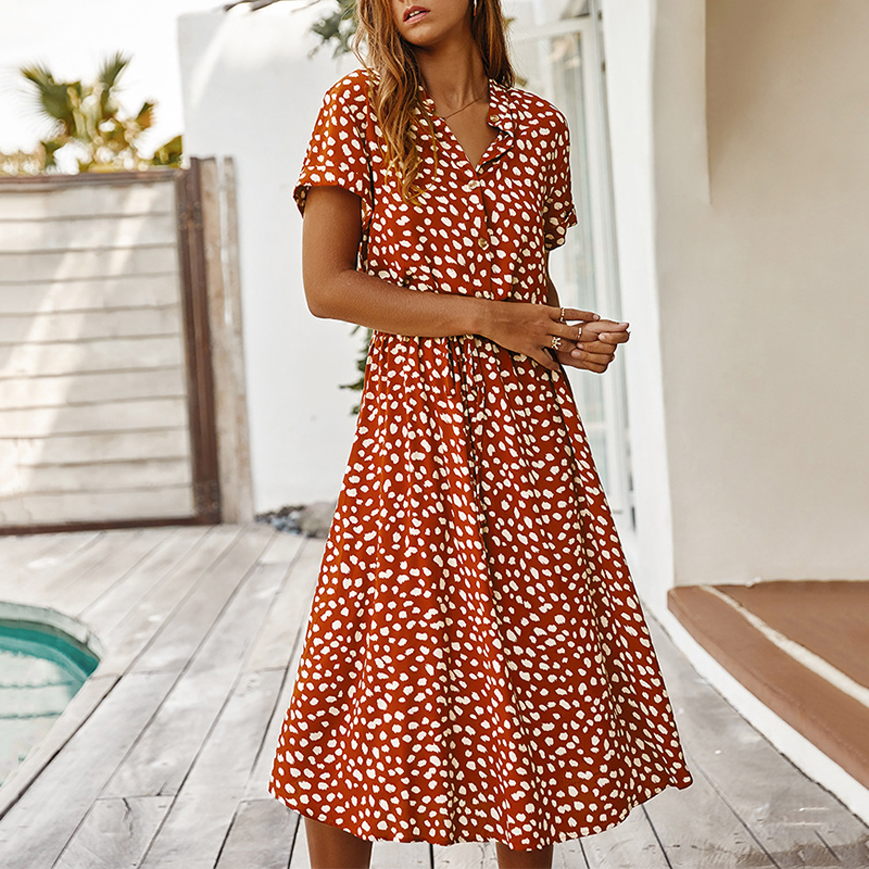 Boho Wave Point Short Sleeve Midi Dress wearshes