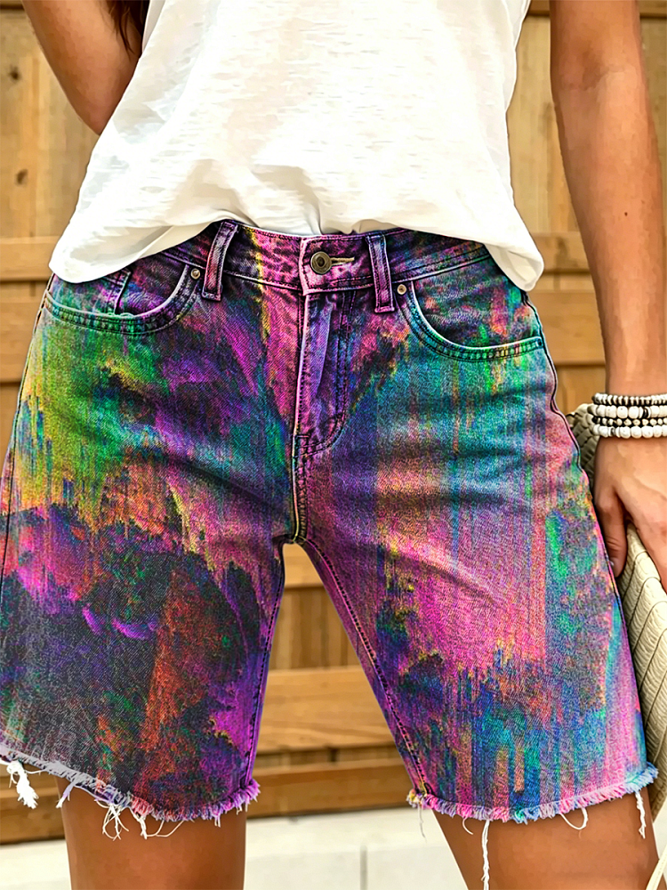 Women's Retro Colorful Art Print Casual Washed Cotton Denim Shorts