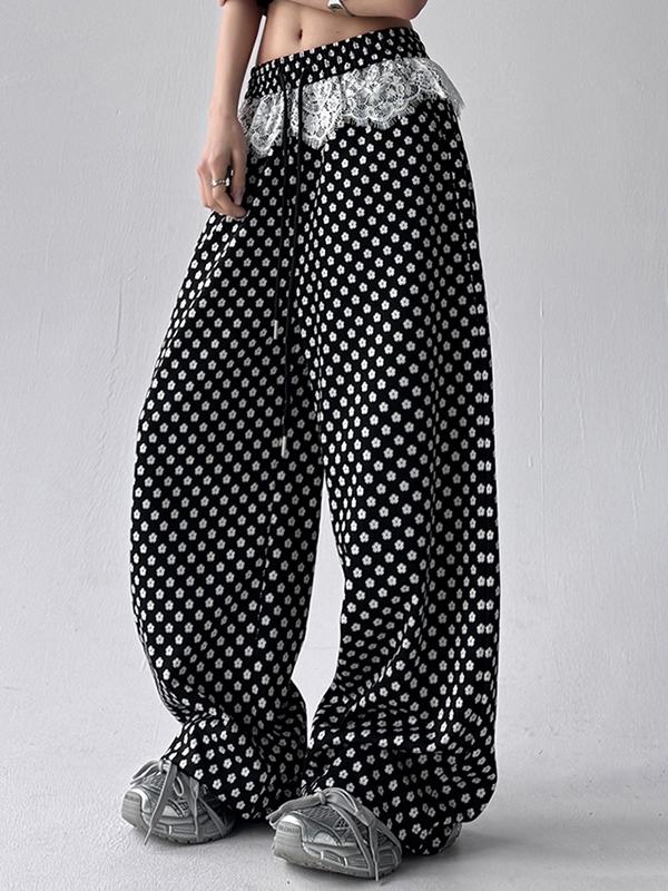 Loose Casual Lace Patchwork Polka Dots Straight Wide Leg Pants