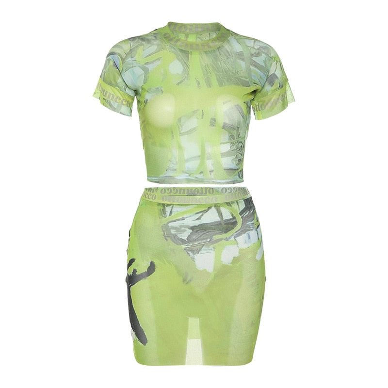 BOOFEENAA Sexy 2 Piece Set Womens Outfits Club Dress Sets 2021 Green Graffiti Print Sheer Mesh Crop Top Mini Skirt C96BC12