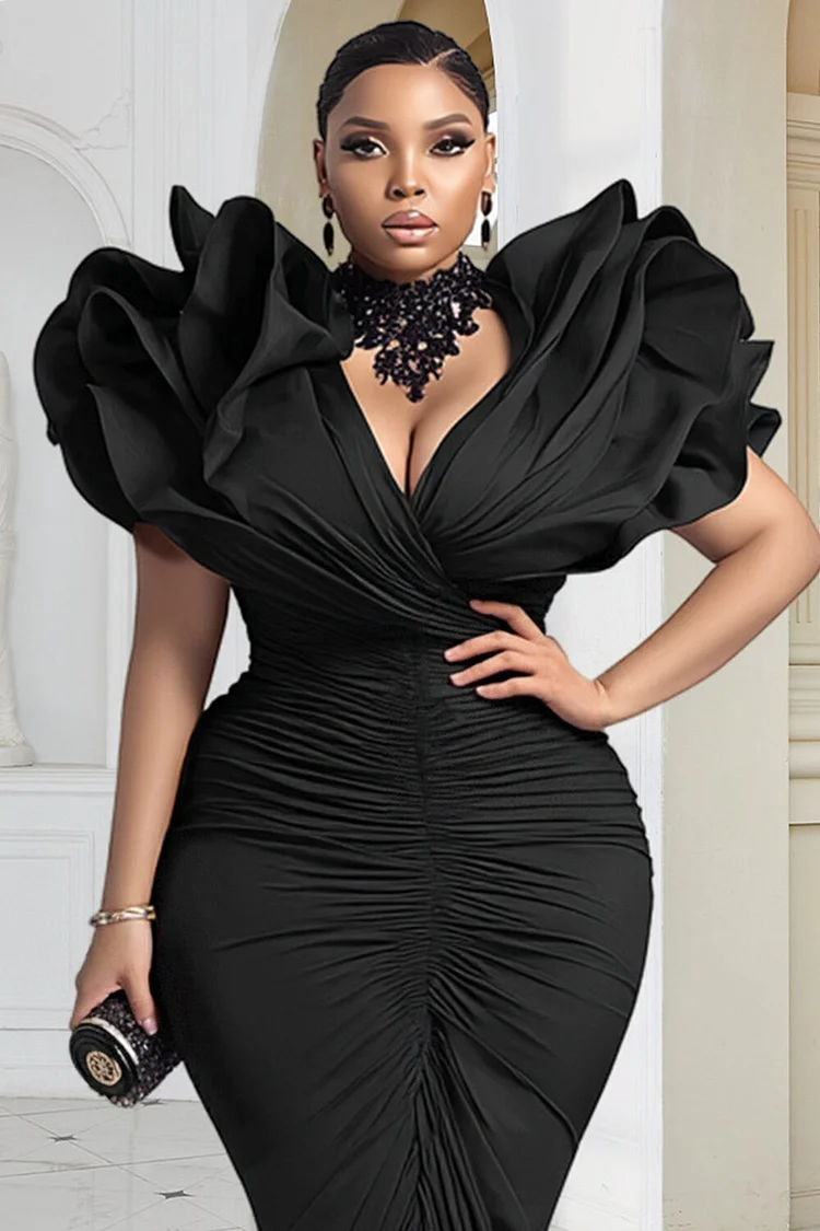 Xpluswear Design Plus Size Formal Black V Neck 3D Elegant Bodycon Maxi Dresses [Pre-Order]
