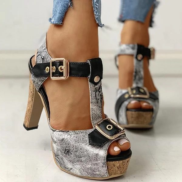 Flower Print Peep Toe Platform Chunky Heels