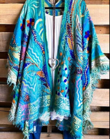 Blue Oversized Casual Printed Kimono P175441186