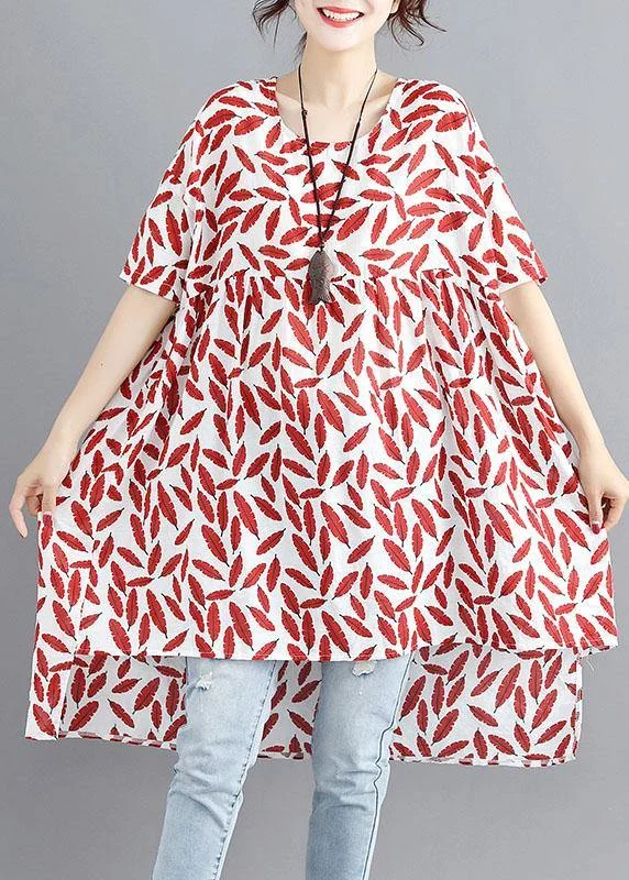 Women red print linen cotton o neck asymmetric summer Dress